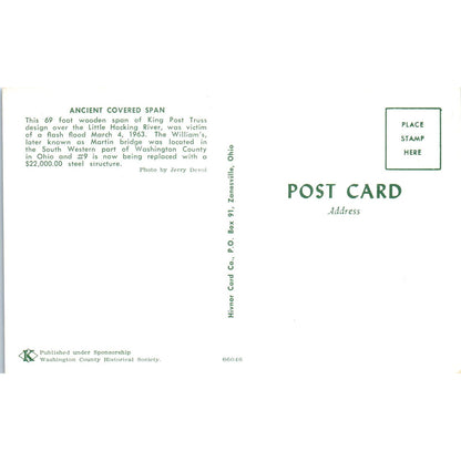 King Post Truss Washington County 9 Ohio Vintage Covered Bridge Postcard PC14