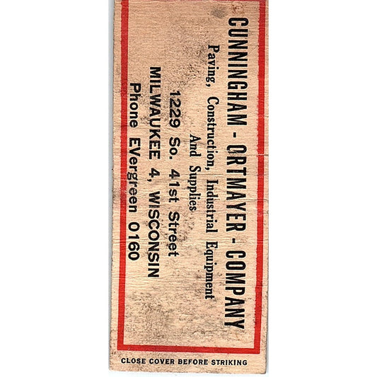 Cunningham - Ortmayer Co Construction Milwaukee Vintage Matchbook Cover SF3-Y9