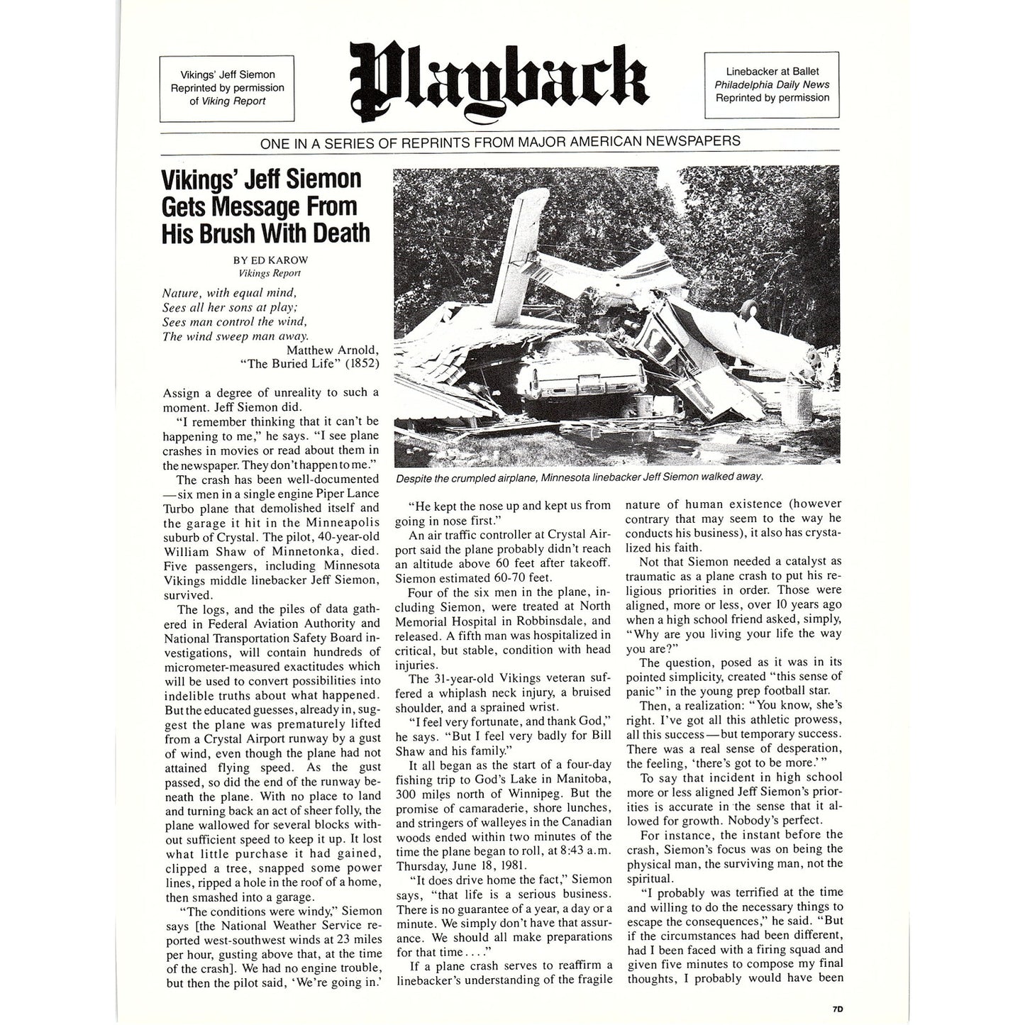 Vikings' Jeff Siemon Brush With Death Ed Karow Article 8x11" 1981 Ad D26