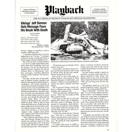 Vikings' Jeff Siemon Brush With Death Ed Karow Article 8x11" 1981 Ad D26