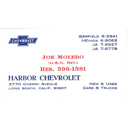 Joe Moledo Harbor Chevrolet Long Beach CA Vintage Business Card SE3-B7