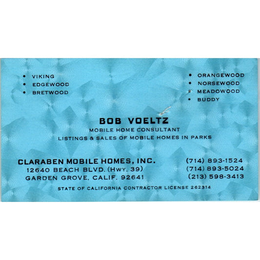 Bob Voeltz Claraben Mobile Homes Garden Grove CA Vintage Business Card SD8-B3