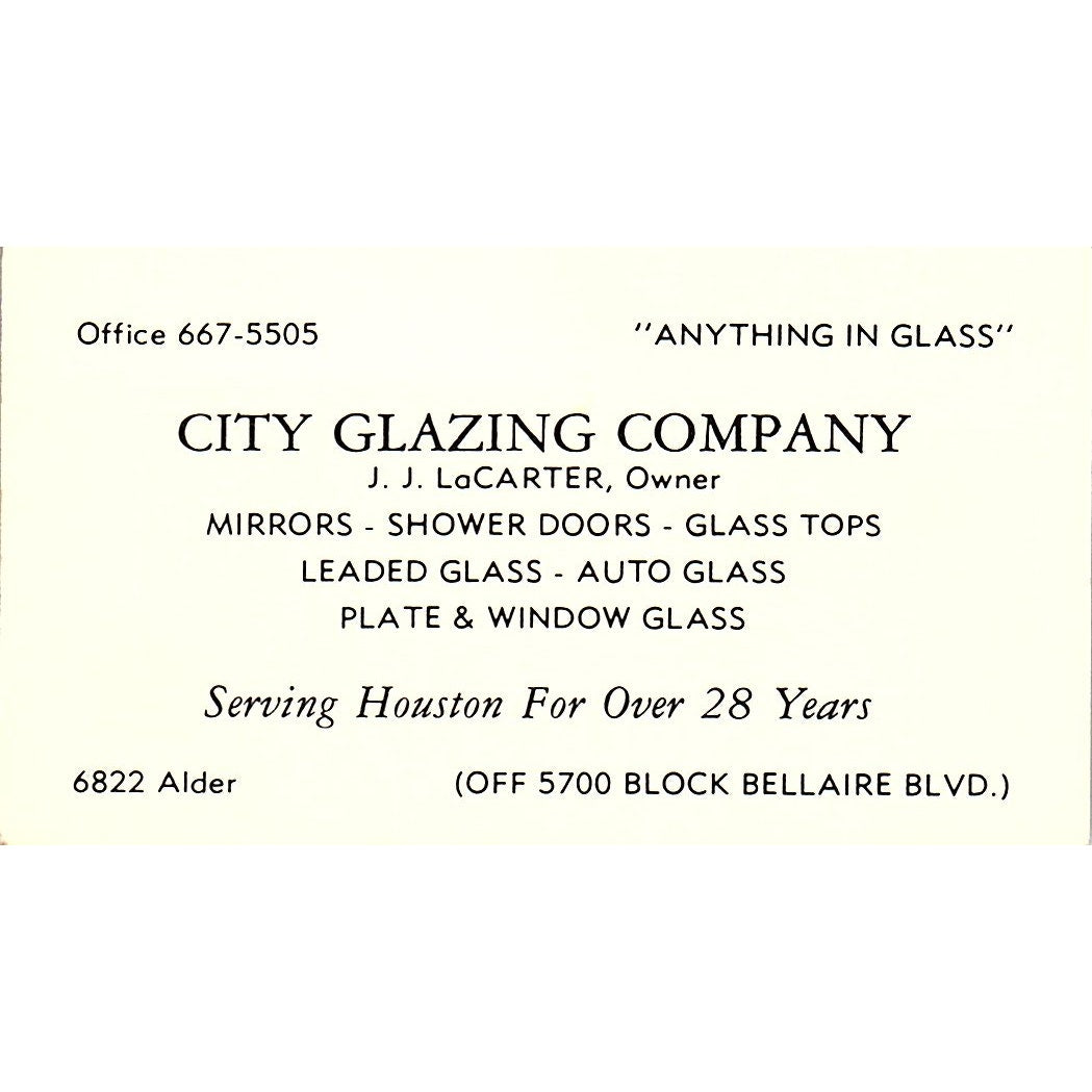 J.J. LaCarter City Glazing Company Houston Vintage Business Card SD9-B7