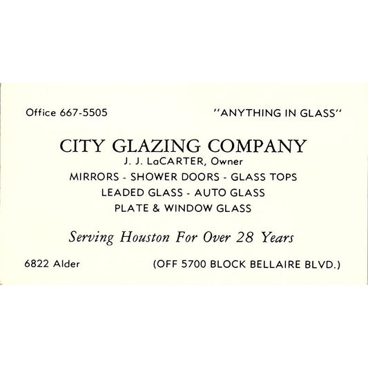 J.J. LaCarter City Glazing Company Houston Vintage Business Card SD9-B7