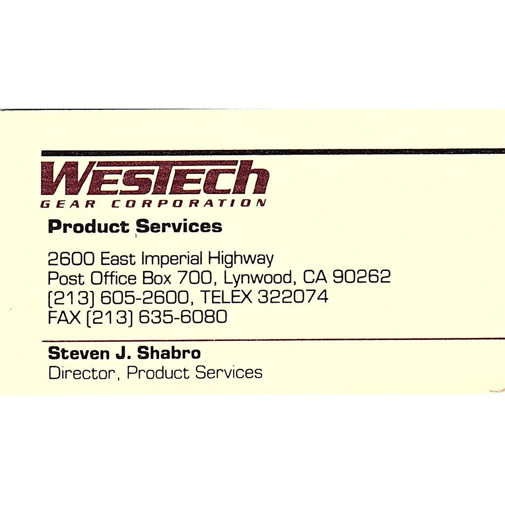 Westech Gear Production Steven J Shabro Lynwood CA Vintage Business Card SB4-B8