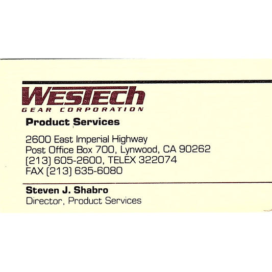 Westech Gear Production Steven J Shabro Lynwood CA Vintage Business Card SB4-B8