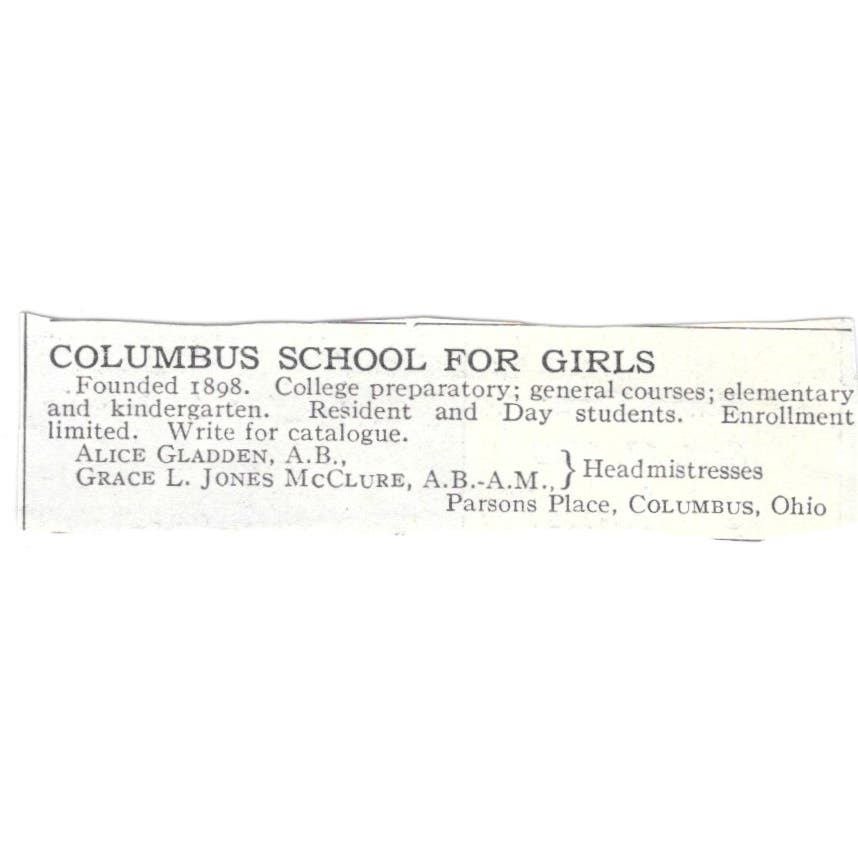 Columbus School for Girls Alice Gladden Grace L. Jones OH c1918 Advert AE5-SA8