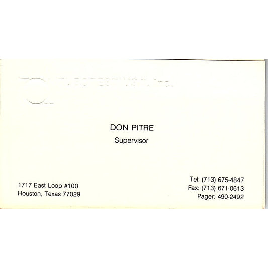 Don Pitre Tubotest USA Inc Houston Vintage Business Card SC9-B1