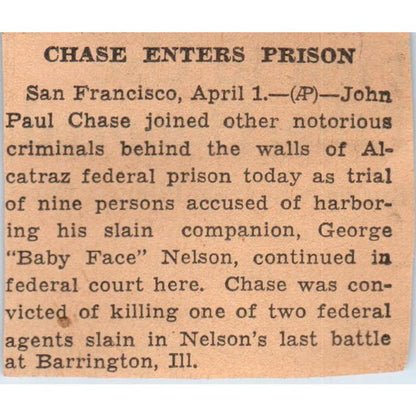 John Paul Chase Enters Prison 1935 Minneapolis Journal Article AE7-N6