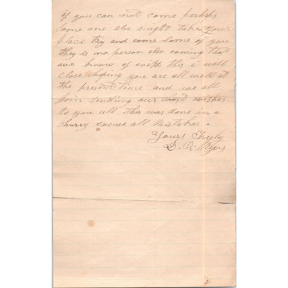 1886 Handwritten Letter Binkley's Bridge Lancaster PA D.D. Myers D21