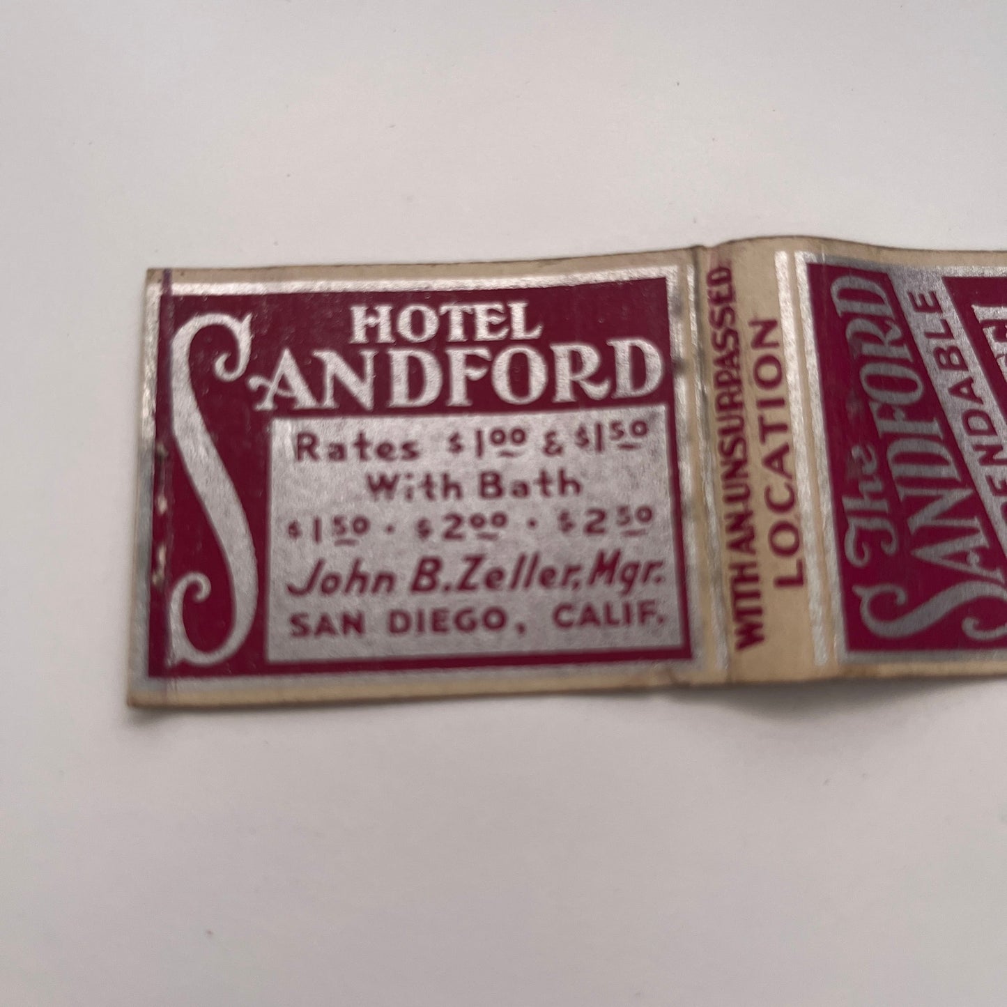The Sandford Hotel Fifth Ave San Diego CA Vintage Matchbook Cover TB8-MB-3