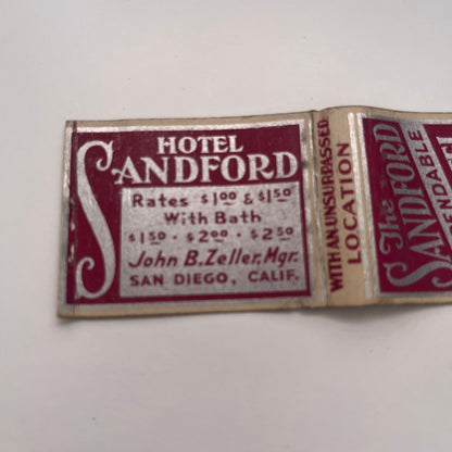 The Sandford Hotel Fifth Ave San Diego CA Vintage Matchbook Cover TB8-MB-3