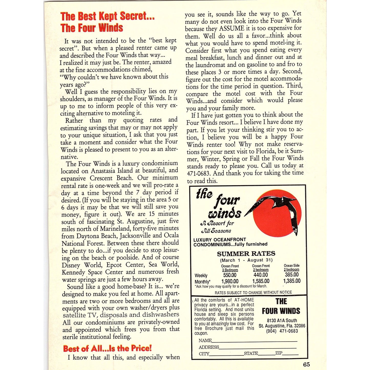 The Four Winds - A Resort for All Seasons St. Augustine 1989 Ad AF9-13