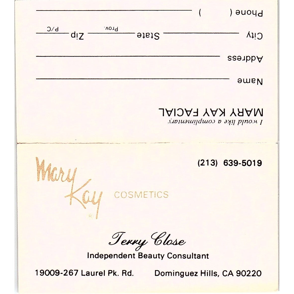 Terry Close Mary Kay Consultant Dominguez Hills CA Vintage Business Card SE3-B14
