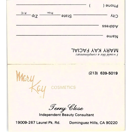 Terry Close Mary Kay Consultant Dominguez Hills CA Vintage Business Card SE3-B14