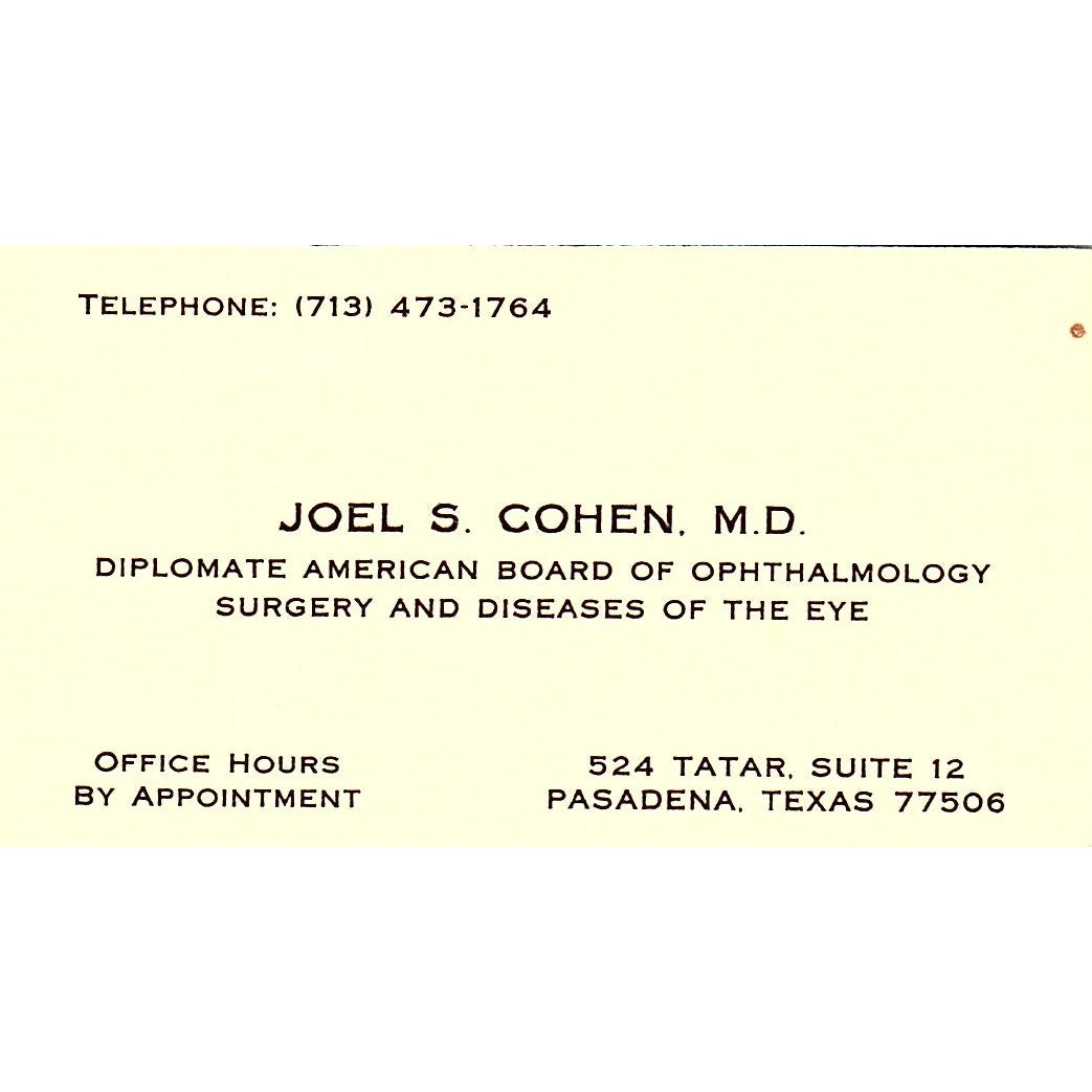 Joel S Cohen MD Ophthalmologist Pasadena TX Vintage Business Card SC9-B7