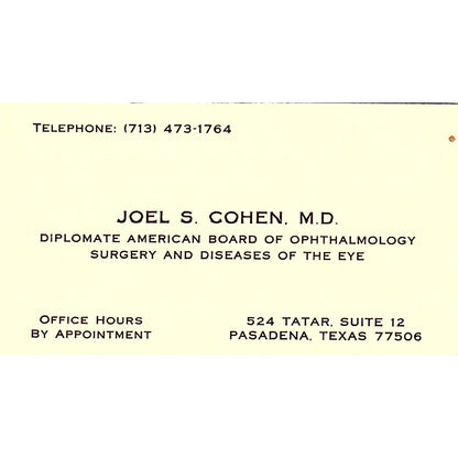 Joel S Cohen MD Ophthalmologist Pasadena TX Vintage Business Card SC9-B7