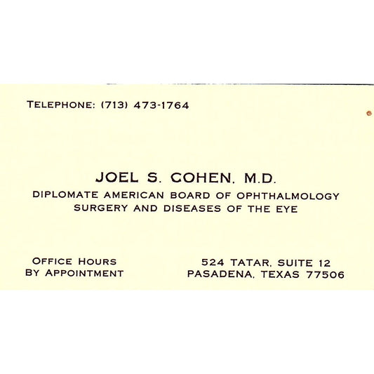 Joel S Cohen MD Ophthalmologist Pasadena TX Vintage Business Card SC9-B7