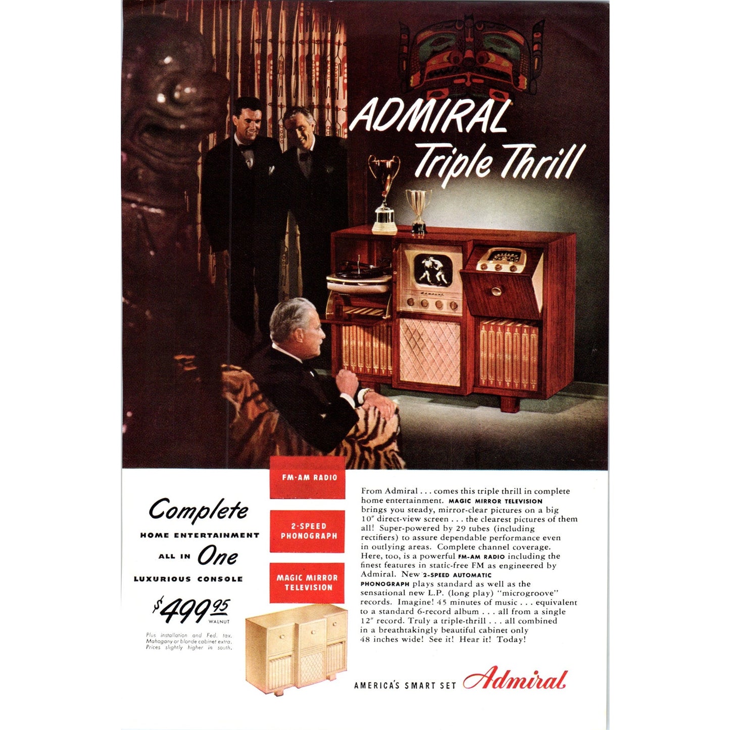 Admiral Triple Thrill Mahogany Television TV Teleset - Vintage Magazine Ad D20