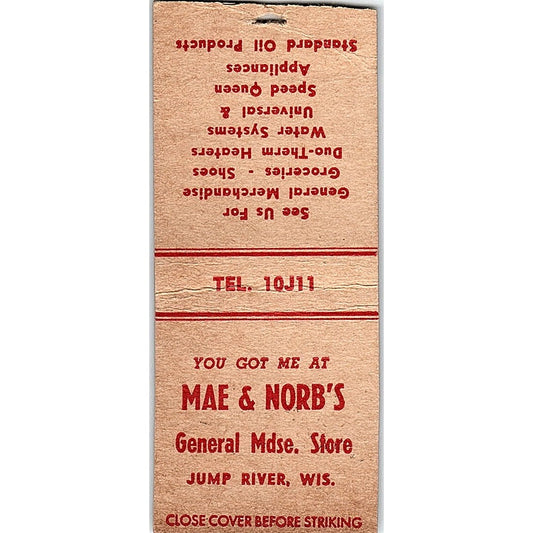 Mae & Norbs General Store Jump River WI Vintage Matchbook Cover SC7-Y8