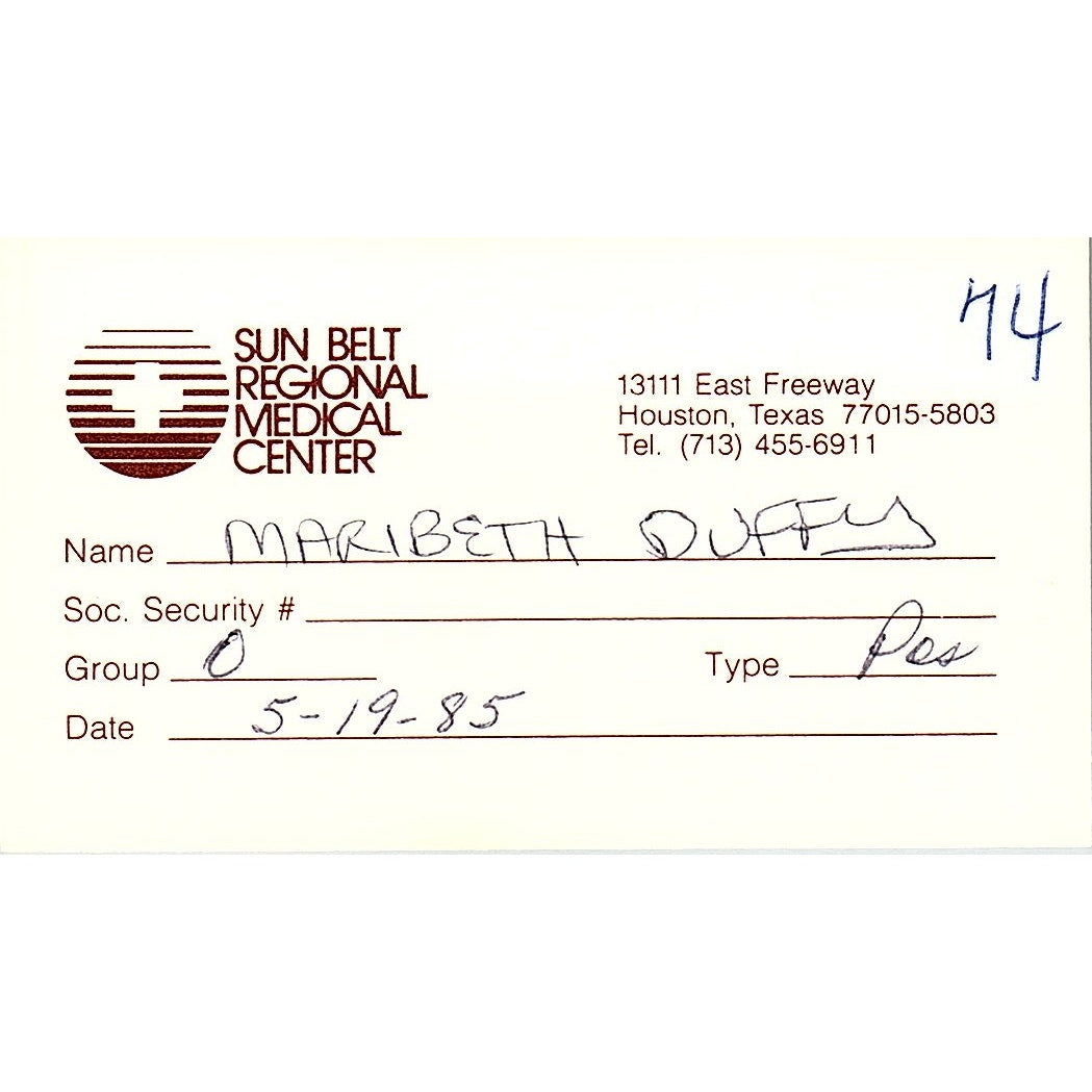 1985 Sun Belt Regional Medical Center Houston Vintage Business Card SD9-B7