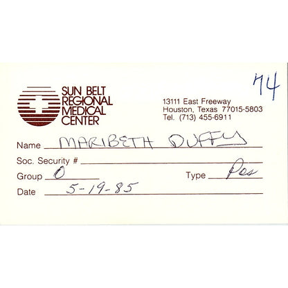 1985 Sun Belt Regional Medical Center Houston Vintage Business Card SD9-B7