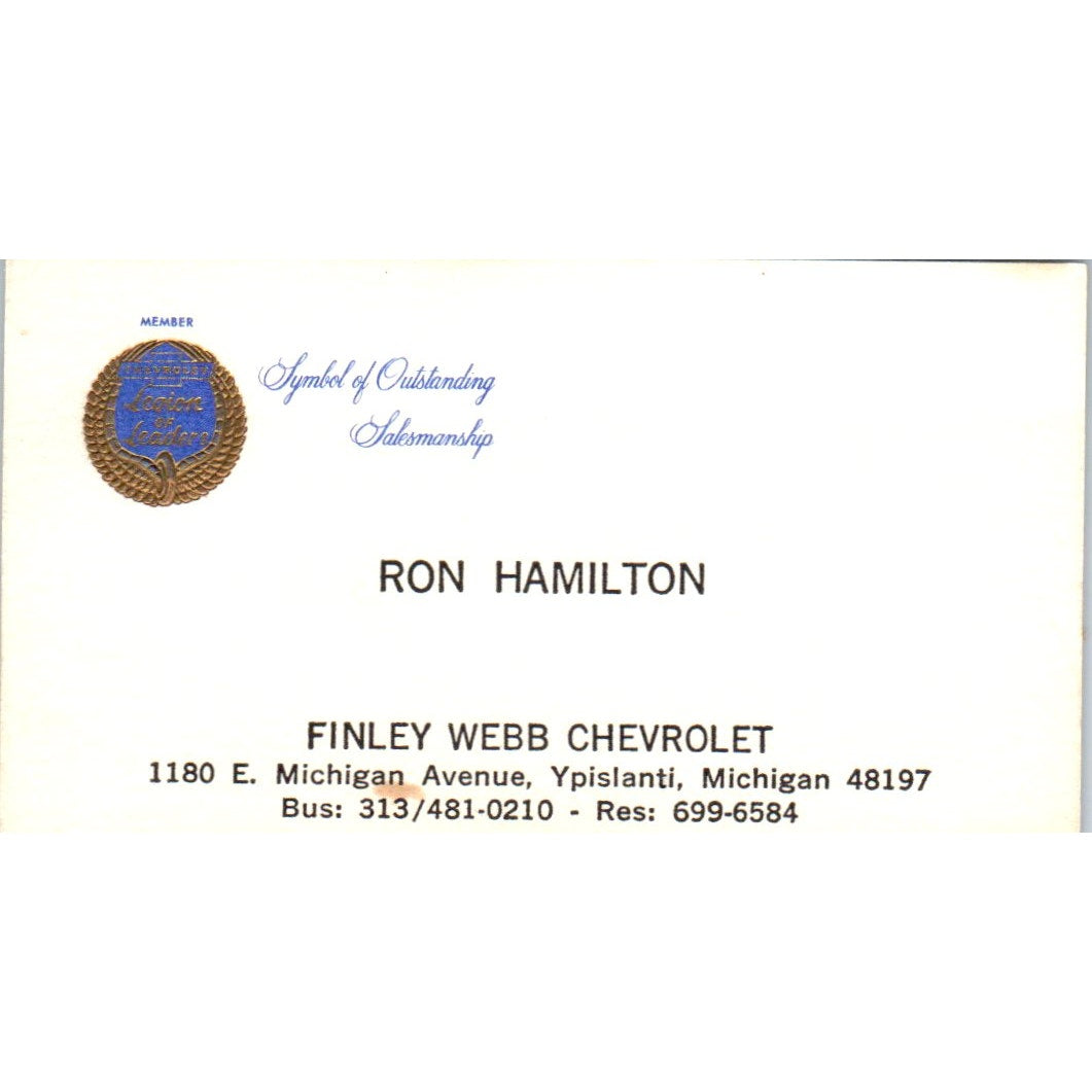 Ron Hamilton Finley Webb Chevrolet Ypsilanti MI Vintage Business Card SE3-B7