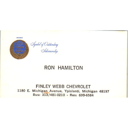 Ron Hamilton Finley Webb Chevrolet Ypsilanti MI Vintage Business Card SE3-B7
