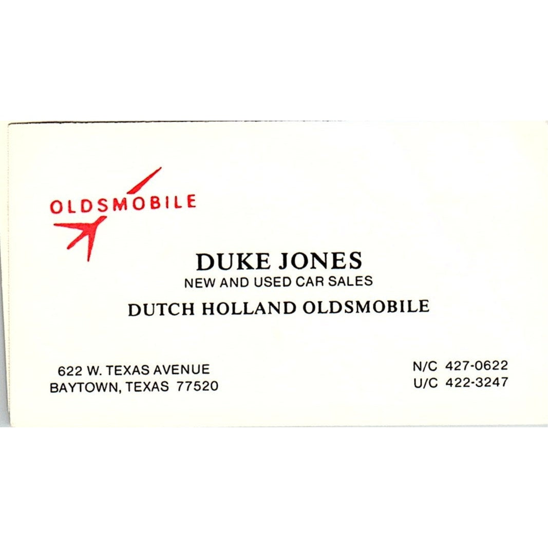 Duke Jones Dutch Holland Oldsmobile Baytown TX Vintage Business Card SC9-B5