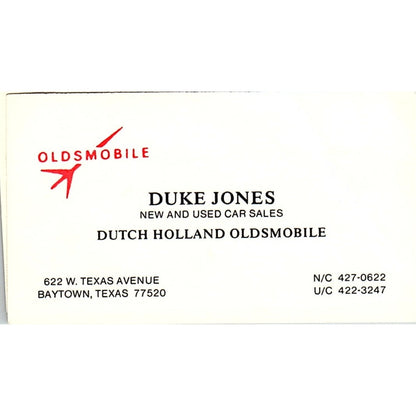 Duke Jones Dutch Holland Oldsmobile Baytown TX Vintage Business Card SC9-B5