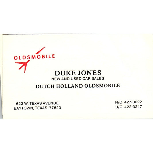 Duke Jones Dutch Holland Oldsmobile Baytown TX Vintage Business Card SC9-B5