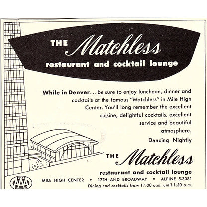 The Matchless Restaurant and Cocktail Lounge Denver CO 1958 Ad AG1-H3