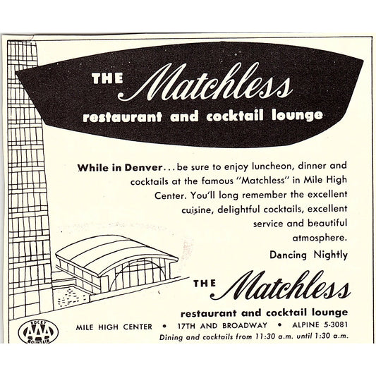 The Matchless Restaurant and Cocktail Lounge Denver CO 1958 Ad AG1-H3