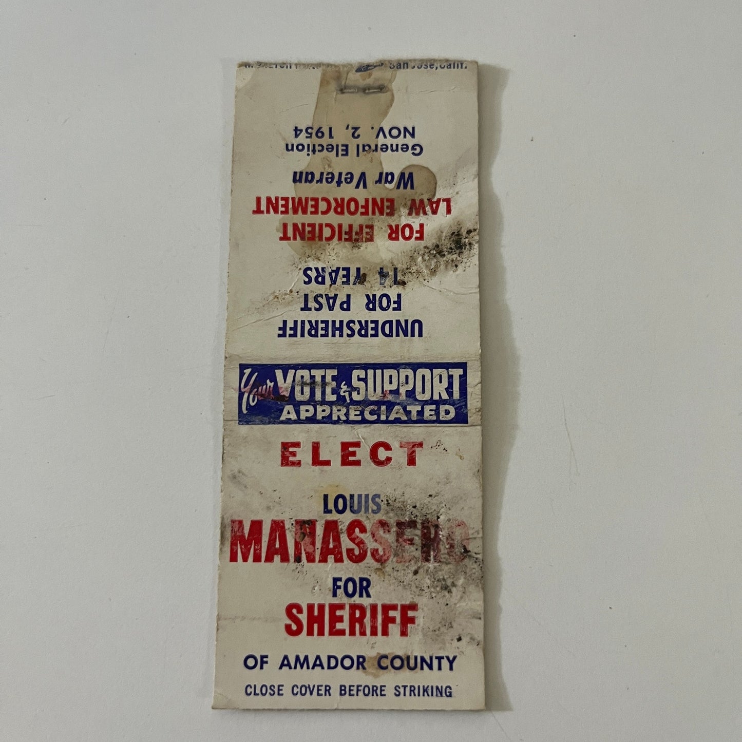 Elect Louis Manassero Sheriff Amador County 1954 Matchbook Cover TE2-MKO-4