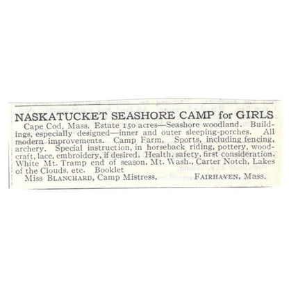 Nasketucket Seashore Camp for Girls Cape Cod MA c1918 Advertisement AE5-SA9