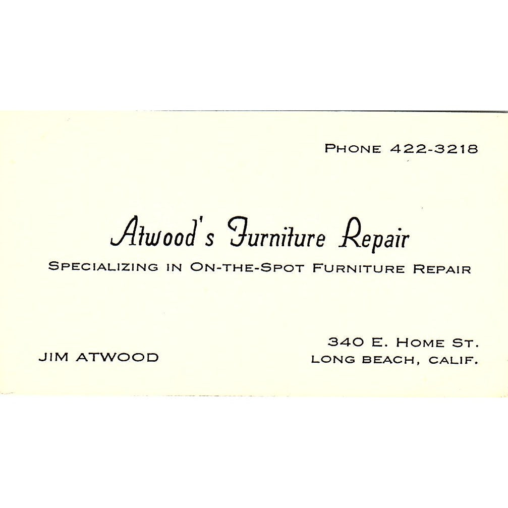 Atwood's Furniture Repair Jim Atwood, Long Beach CA Vintage Business Card SF3-B2