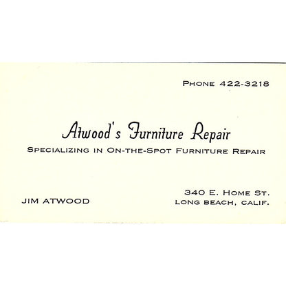 Atwood's Furniture Repair Jim Atwood, Long Beach CA Vintage Business Card SF3-B2