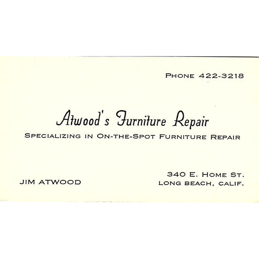 Atwood's Furniture Repair Jim Atwood, Long Beach CA Vintage Business Card SF3-B2