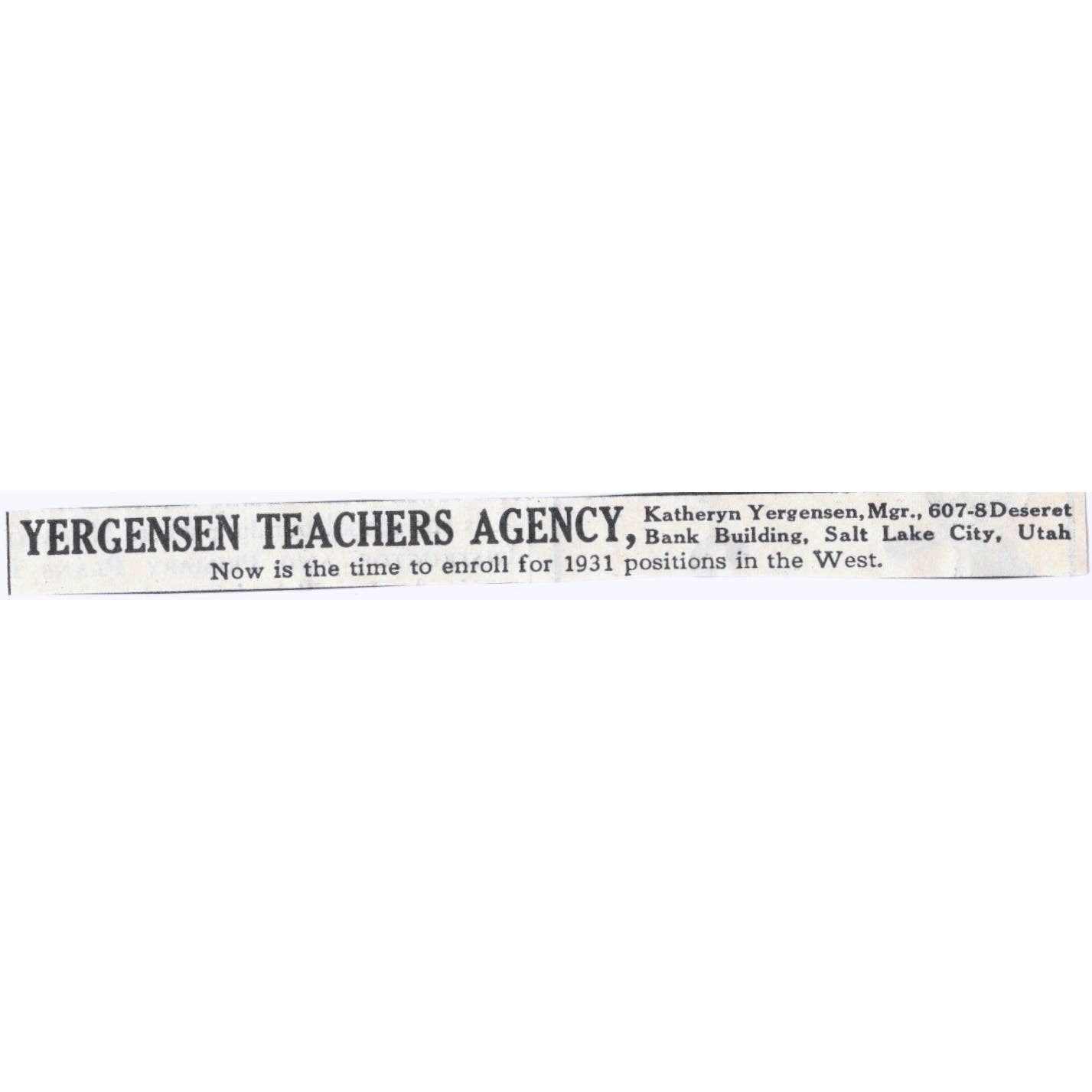 1931 Katheryn Yergensen Teachers Agency Salt Lake City UT Advertisement AE5-SA1