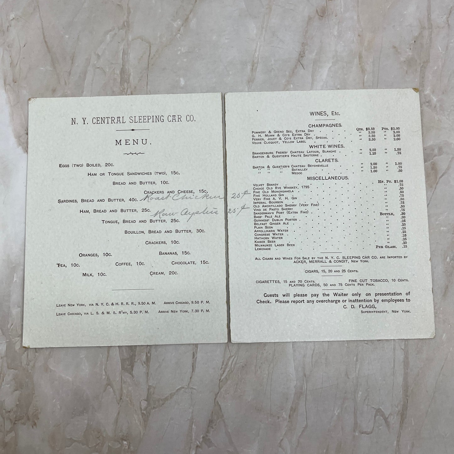 c1880 NY & Chicago Limited Express Buffet Menu NYC Sleeping Car Co H3-1