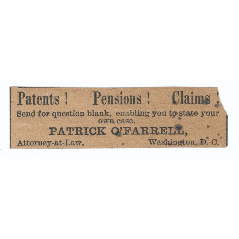 Patrick O'Farrell Attorney Washington DC Hartford 1886 Newspaper Ad AF7-SS6