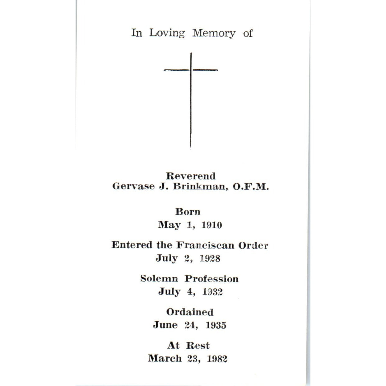 1982 Rev. Gervase J. Brinkman Funeral Prayer Card St. Francis Prayer TH2-PC1
