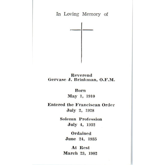 1982 Rev. Gervase J. Brinkman Funeral Prayer Card St. Francis Prayer TH2-PC1
