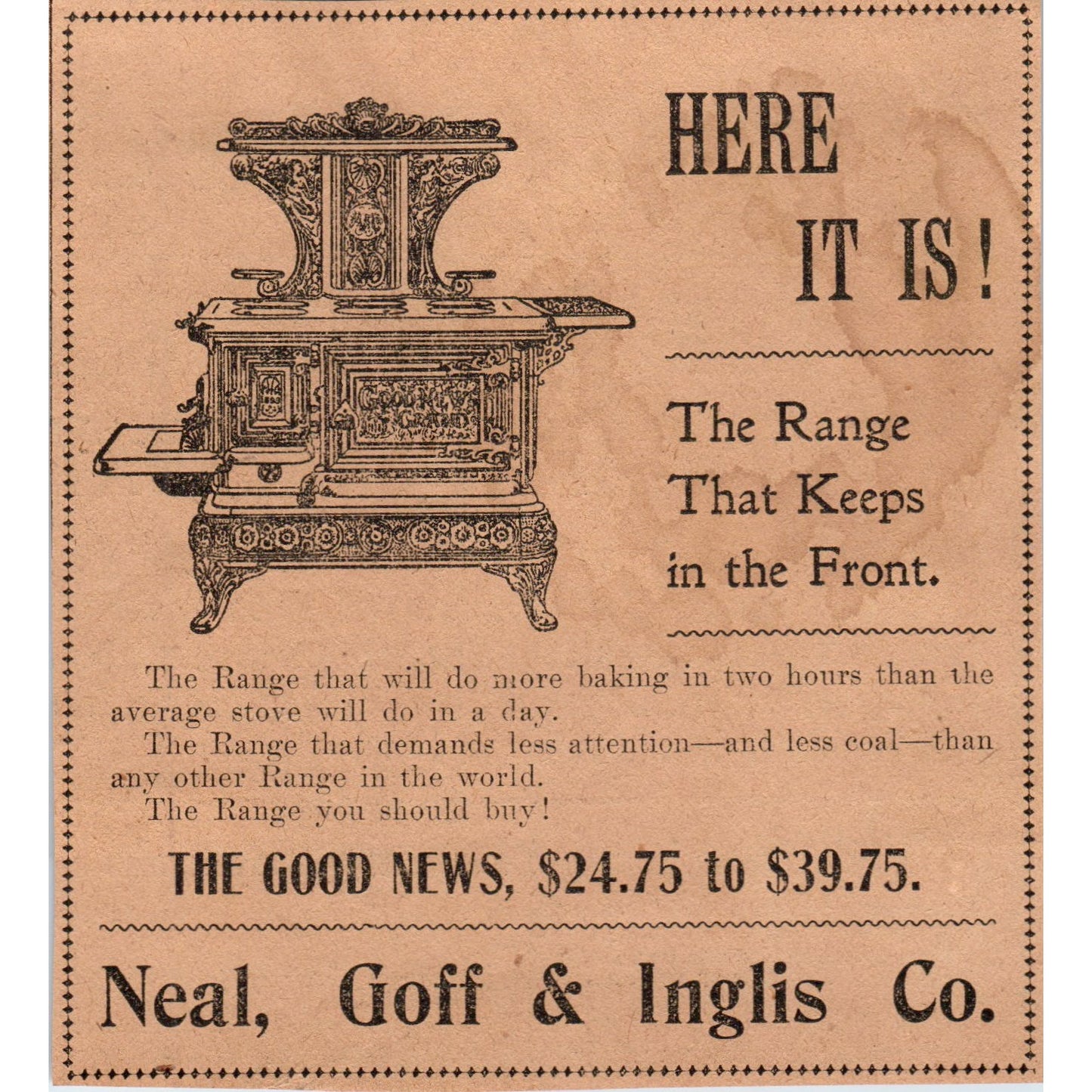 Neal, Goff & Inglis Co Coal Rage Stove Hartford 1901 Newspaper Ad AD8-H2