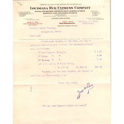 1911 Louisiana Red Cypress Company Lumber New Orleans Billhead Letterhead D17