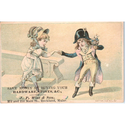 J.P. Wise & Son Hardware Rockland ME Napoleonic c1880 Victorian Trade Card AE2