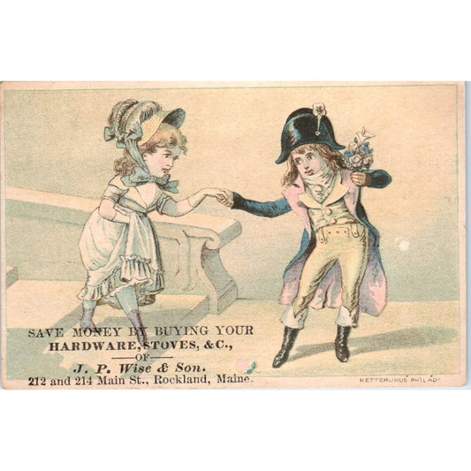 J.P. Wise & Son Hardware Rockland ME Napoleonic c1880 Victorian Trade Card AE2