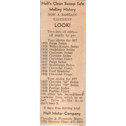 Holt Motor Company Chrysler Plymouth 2x5" 1935 Minneapolis Journal Ad AE7-N1