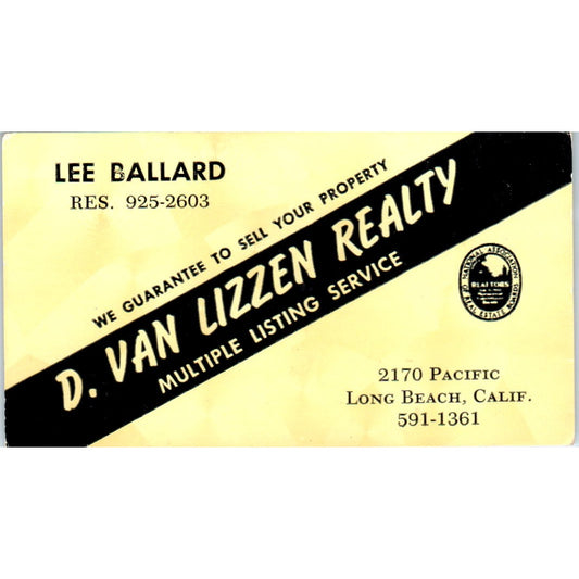 Lee Ballard D. Van Lizzen Realty Long Beach CA Vintage Business Card SD4-B5