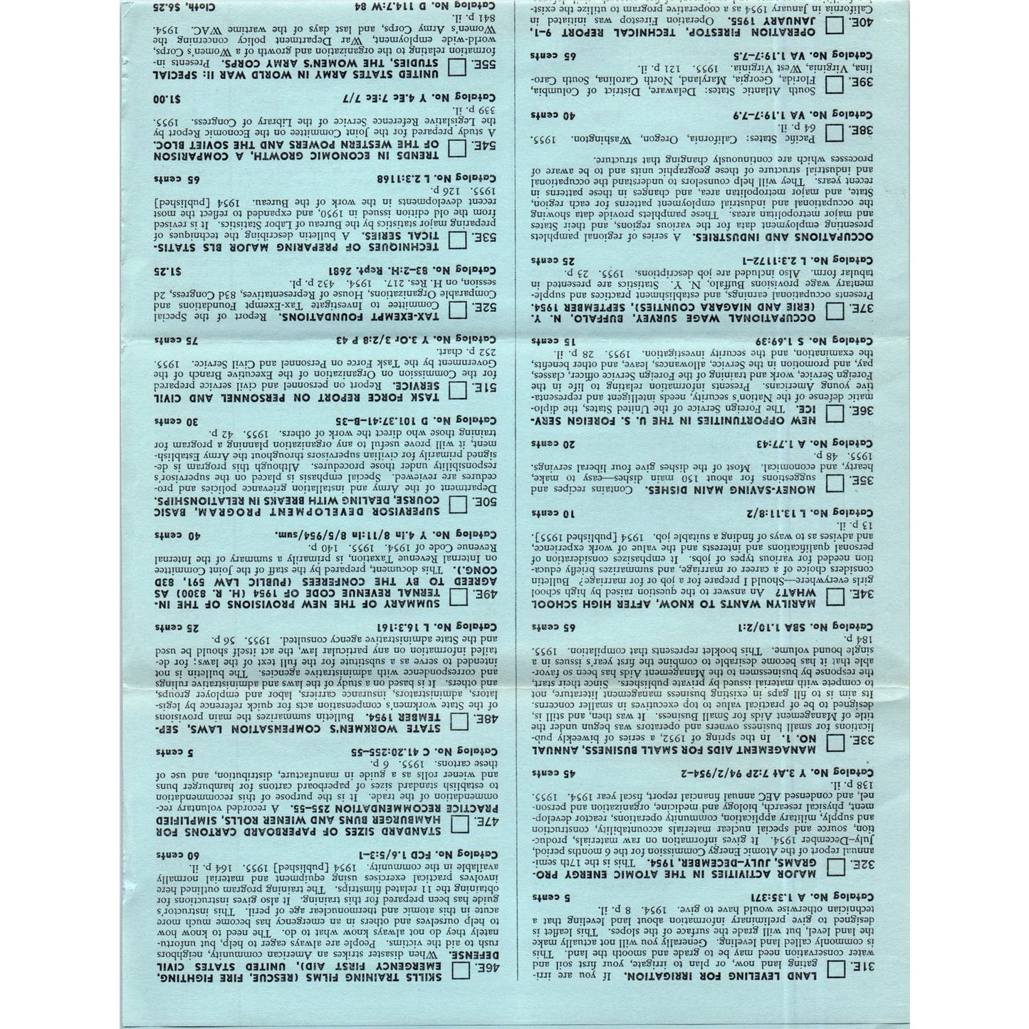 1955 Selected United States Government Publications Order Form AE4